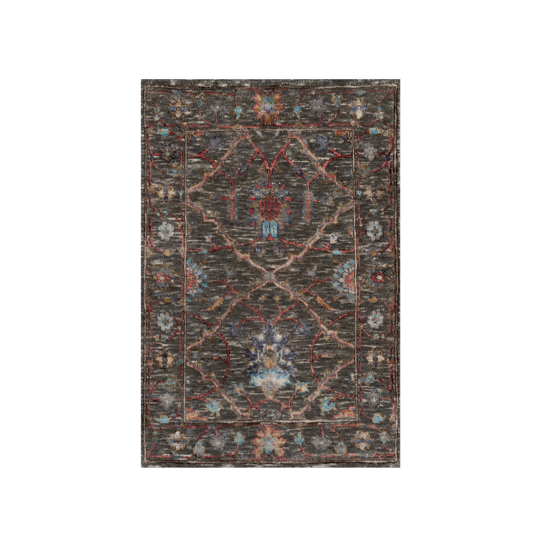 2'x3' Chocolate Chip Brown, Persian Scrolls Leaf and Flower Design, Striae Pattern, Hand Knotted, Textured Wool and Silk, Mat, Oriental Rug 